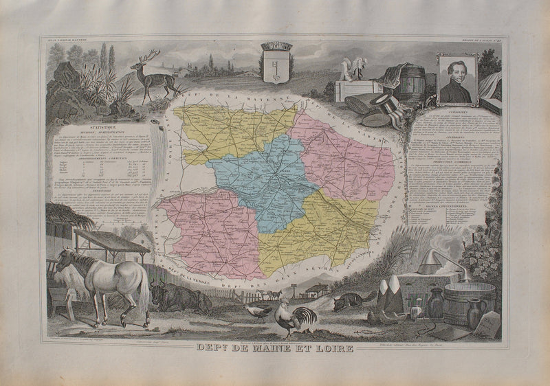 Victor LEVASSEUR : France, Carte ancienne du Maine et Loire, Gravure originale (vue générale) - Crédit photo : Galerie Art.Paris