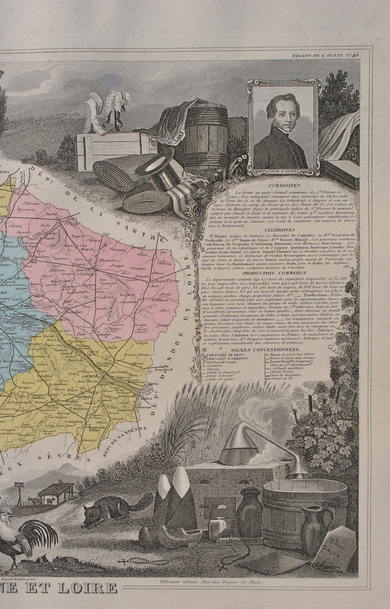 Victor LEVASSEUR : France, Carte ancienne du Maine et Loire, Gravure originale (photo de détail 5) - Crédit photo : Galerie Art.Paris