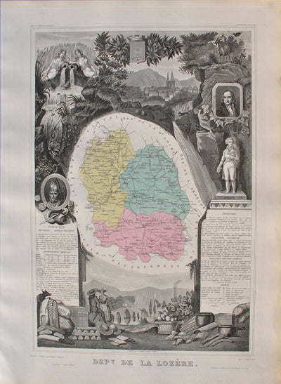 Victor LEVASSEUR : France, Carte ancienne de la Lozère, Gravure originale (vue générale) - Crédit photo : Galerie Art.Paris