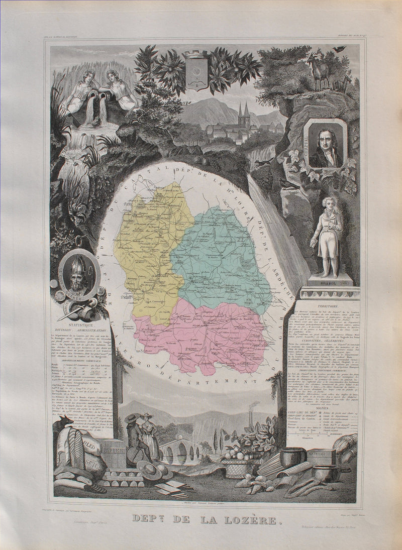 Victor LEVASSEUR : France, Carte ancienne de la Lozère, Gravure originale (vue générale) - Crédit photo : Galerie Art.Paris