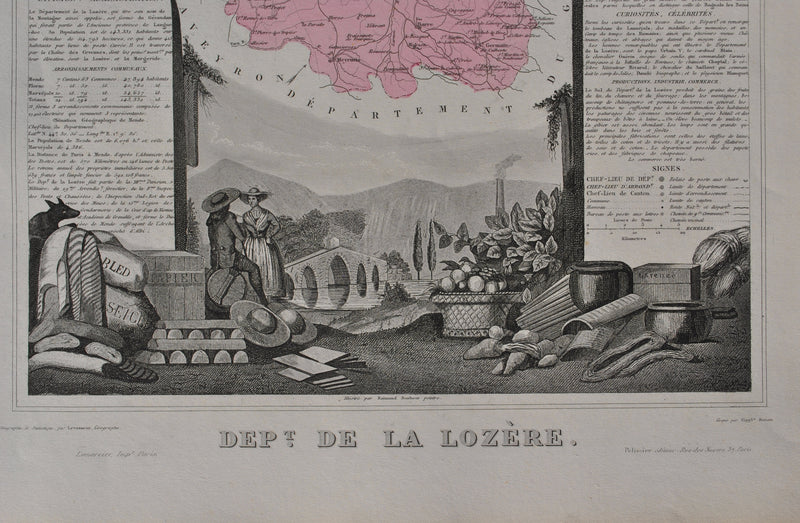 Victor LEVASSEUR : France, Carte ancienne de la Lozère, Gravure originale (photo de détail 3) - Crédit photo : Galerie Art.Paris