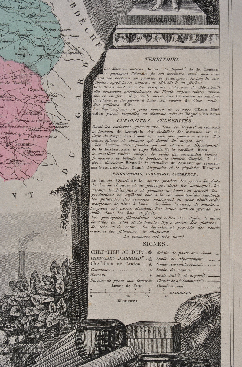 Victor LEVASSEUR : France, Carte ancienne de la Lozère, Gravure originale (photo de détail 5) - Crédit photo : Galerie Art.Paris