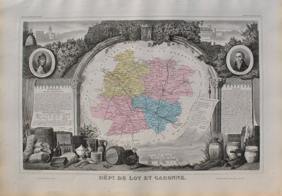 Victor LEVASSEUR : France, Carte ancienne du Lot et Garonne, Gravure originale (vue générale) - Crédit photo : Galerie Art.Paris