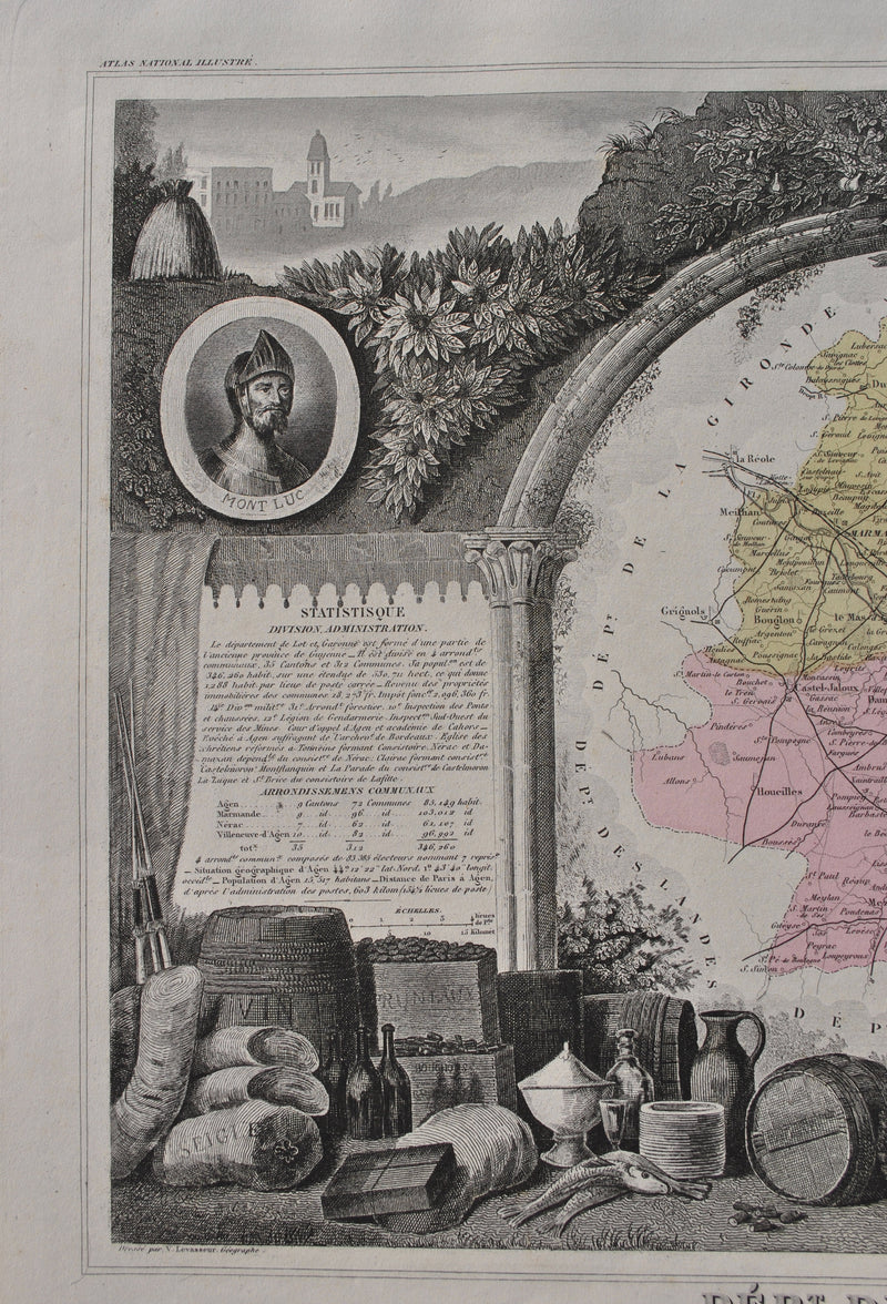 Victor LEVASSEUR : France, Carte ancienne du Lot et Garonne, Gravure originale (photo de détail 4) - Crédit photo : Galerie Art.Paris