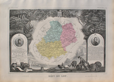 Victor LEVASSEUR : France, Carte ancienne du Lot, Gravure originale (vue générale) - Crédit photo : Galerie Art.Paris