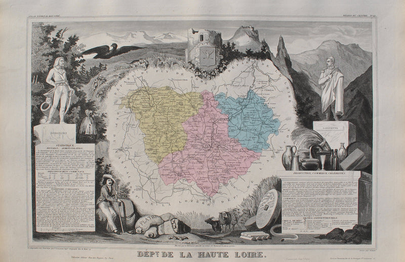 Victor LEVASSEUR : France, Carte ancienne de la Haute Loire, Gravure originale (vue générale) - Crédit photo : Galerie Art.Paris