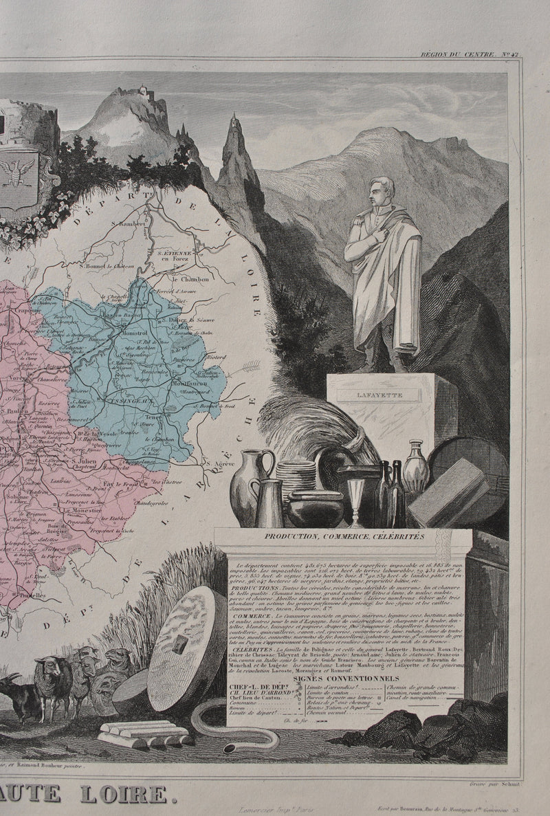 Victor LEVASSEUR : France, Carte ancienne de la Haute Loire, Gravure originale (photo de détail 5) - Crédit photo : Galerie Art.Paris