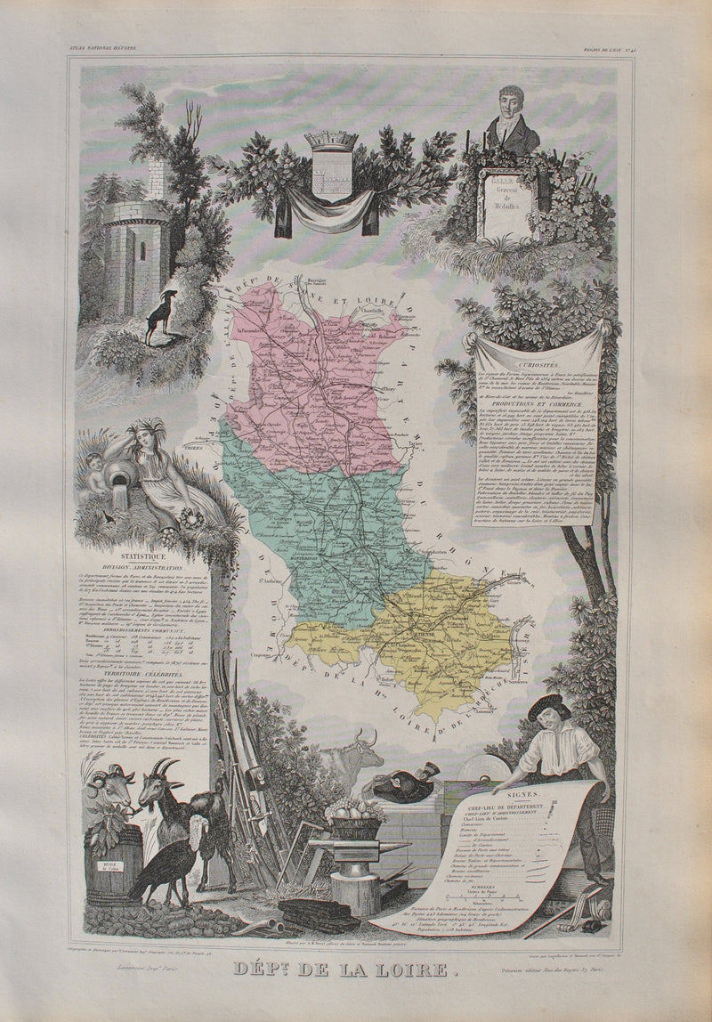 Victor LEVASSEUR : France, Carte ancienne de la Loire, Gravure originale (vue générale) - Crédit photo : Galerie Art.Paris