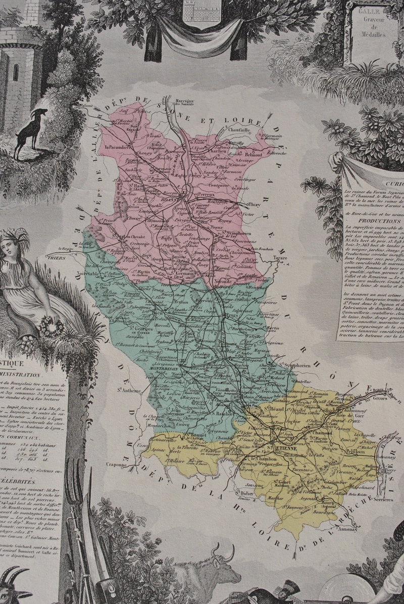 Victor LEVASSEUR : France, Carte ancienne de la Loire, Gravure originale (photo de détail 5) - Crédit photo : Galerie Art.Paris