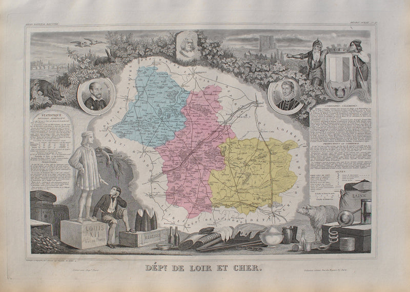 Victor LEVASSEUR : France, Carte ancienne du Loir et Cher, Gravure originale (vue générale) - Crédit photo : Galerie Art.Paris