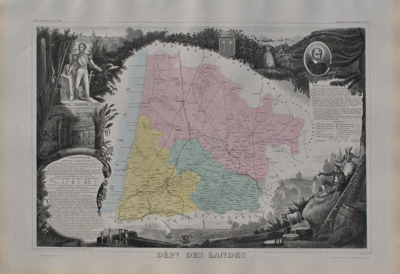 Victor LEVASSEUR : France, Carte ancienne des Landes, Gravure originale (vue générale) - Crédit photo : Galerie Art.Paris