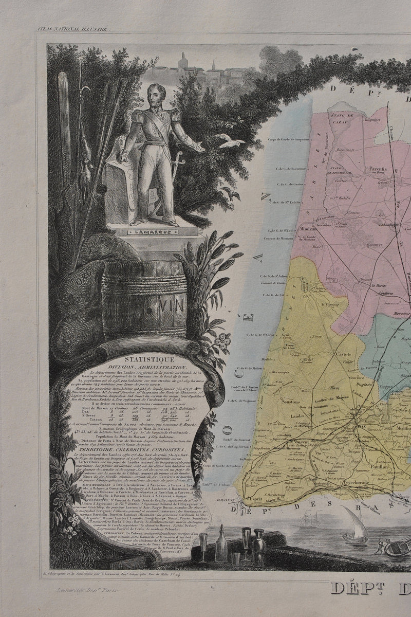 Victor LEVASSEUR : France, Carte ancienne des Landes, Gravure originale (photo de détail 4) - Crédit photo : Galerie Art.Paris