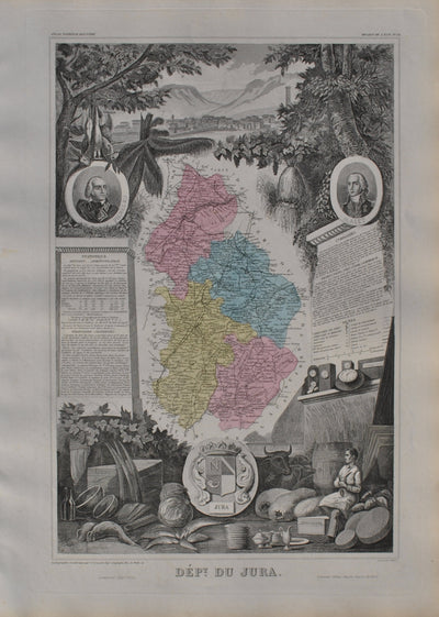 Victor LEVASSEUR : France, Carte ancienne du Jura, Gravure originale (vue générale) - Crédit photo : Galerie Art.Paris