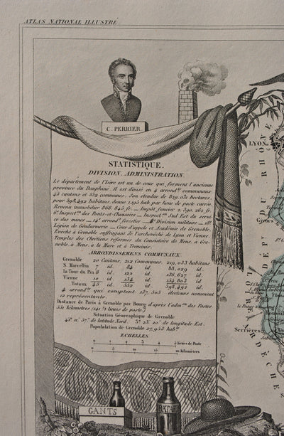 Victor LEVASSEUR : France, Carte ancienne de L'Isère, Gravure originale (photo de détail 8) - Crédit photo : Galerie Art.Paris