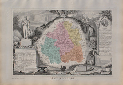 Victor LEVASSEUR : France, Carte ancienne de L'Indre, Gravure originale (vue générale) - Crédit photo : Galerie Art.Paris