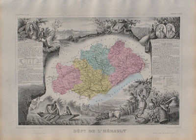 Victor LEVASSEUR : France, Carte ancienne de l'Hérault, Gravure originale (vue générale) - Crédit photo : Galerie Art.Paris