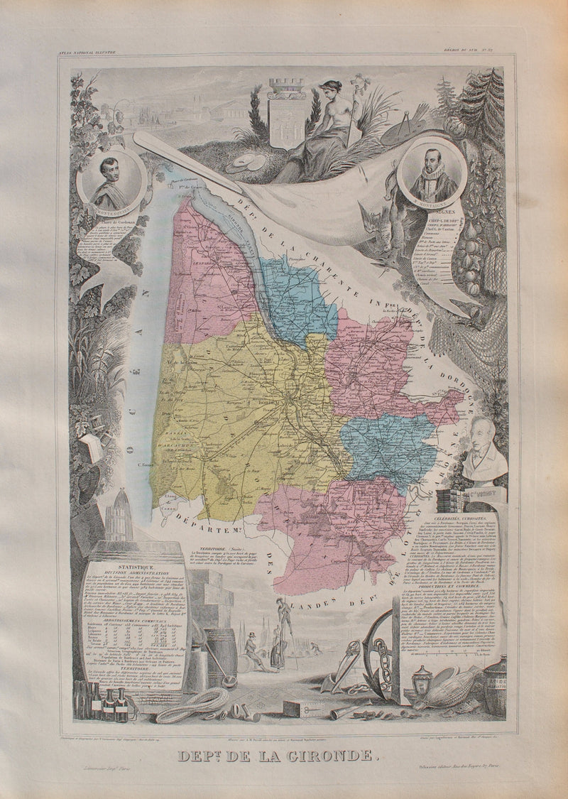 Victor LEVASSEUR : France, Carte ancienne de la Gironde, Gravure originale (vue générale) - Crédit photo : Galerie Art.Paris