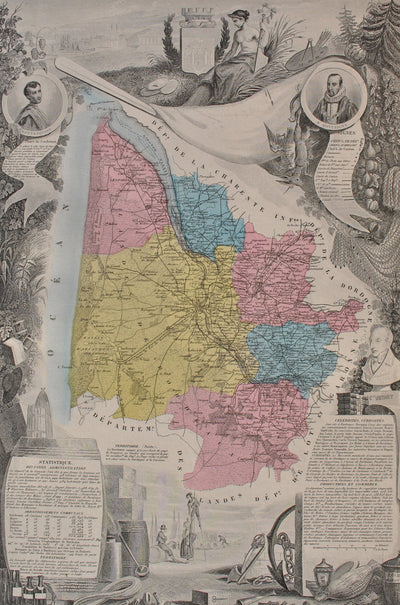 Victor LEVASSEUR : France, Carte ancienne de la Gironde, Gravure originale (photo de détail 2) - Crédit photo : Galerie Art.Paris