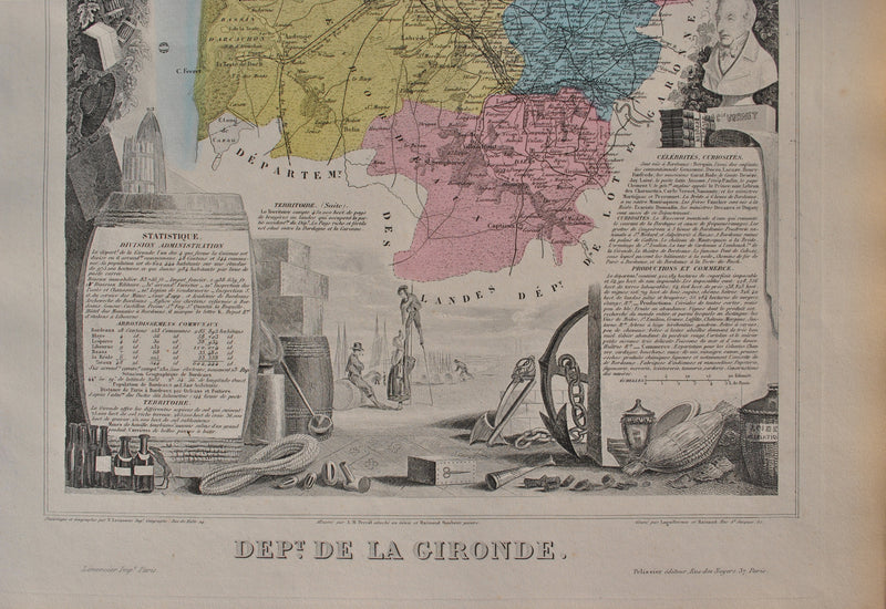 Victor LEVASSEUR : France, Carte ancienne de la Gironde, Gravure originale (photo de détail 3) - Crédit photo : Galerie Art.Paris