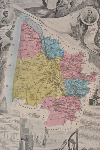 Victor LEVASSEUR : France, Carte ancienne de la Gironde, Gravure originale (photo de détail 5) - Crédit photo : Galerie Art.Paris