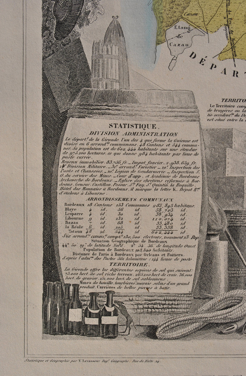 Victor LEVASSEUR : France, Carte ancienne de la Gironde, Gravure originale (photo de détail 7) - Crédit photo : Galerie Art.Paris