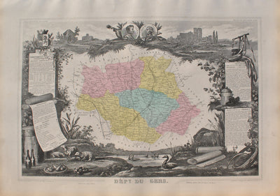 Victor LEVASSEUR : France, Carte ancienne du Gers, Gravure originale (vue générale) - Crédit photo : Galerie Art.Paris