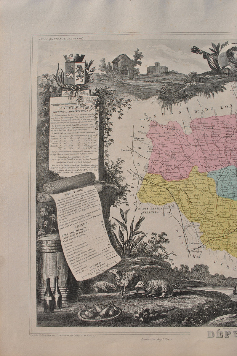 Victor LEVASSEUR : France, Carte ancienne du Gers, Gravure originale (photo de détail 4) - Crédit photo : Galerie Art.Paris