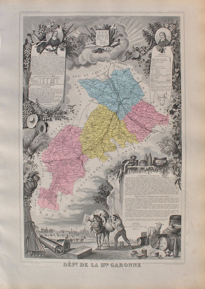 Victor LEVASSEUR : France, Carte ancienne de la Haute Garonne, Gravure originale (vue générale) - Crédit photo : Galerie Art.Paris