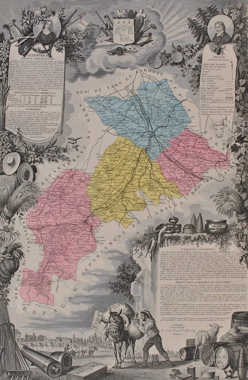 Victor LEVASSEUR : France, Carte ancienne de la Haute Garonne, Gravure originale (photo de détail 2) - Crédit photo : Galerie Art.Paris