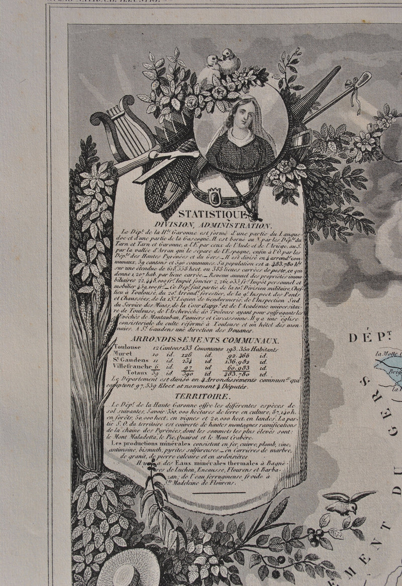 Victor LEVASSEUR : France, Carte ancienne de la Haute Garonne, Gravure originale (photo de détail 7) - Crédit photo : Galerie Art.Paris