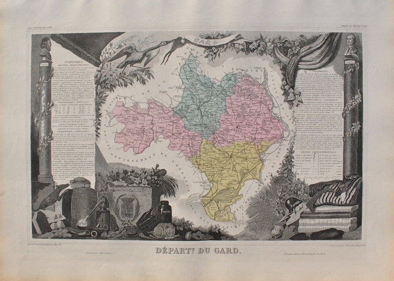 Victor LEVASSEUR : France, Carte ancienne du Gard, Gravure originale (vue générale) - Crédit photo : Galerie Art.Paris