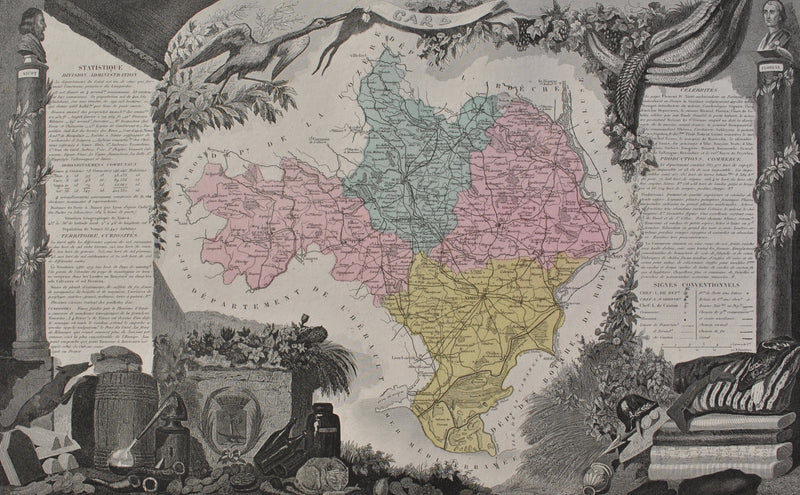 Victor LEVASSEUR : France, Carte ancienne du Gard, Gravure originale (photo de détail 2) - Crédit photo : Galerie Art.Paris