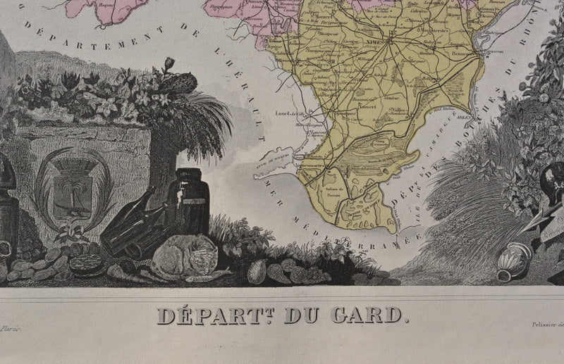 Victor LEVASSEUR : France, Carte ancienne du Gard, Gravure originale (photo de détail 3) - Crédit photo : Galerie Art.Paris