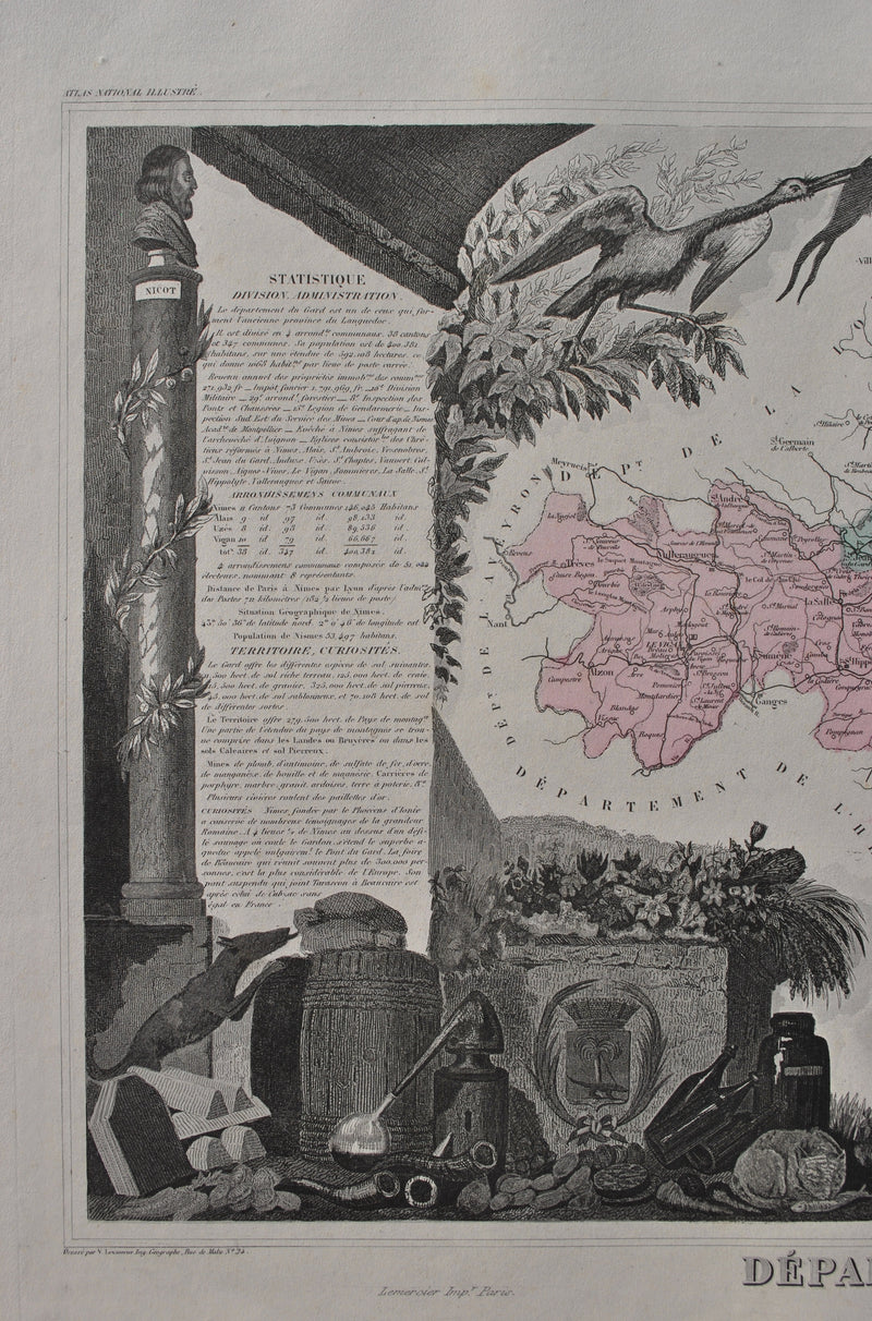 Victor LEVASSEUR : France, Carte ancienne du Gard, Gravure originale (photo de détail 4) - Crédit photo : Galerie Art.Paris