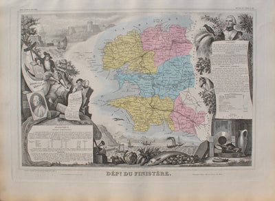 Victor LEVASSEUR : France, Carte ancienne du Finistère, Gravure originale (vue générale) - Crédit photo : Galerie Art.Paris