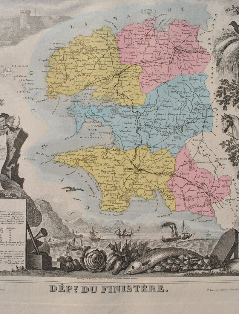 Victor LEVASSEUR : France, Carte ancienne du Finistère, Gravure originale (photo de détail 5) - Crédit photo : Galerie Art.Paris