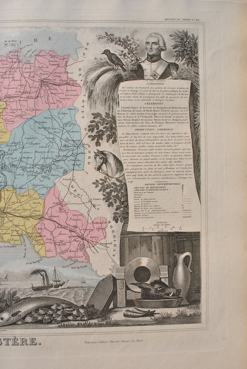 Victor LEVASSEUR : France, Carte ancienne du Finistère, Gravure originale (photo de détail 6) - Crédit photo : Galerie Art.Paris