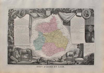 Victor LEVASSEUR : France, Carte ancienne d'Eure et Loir, Gravure originale (vue générale) - Crédit photo : Galerie Art.Paris