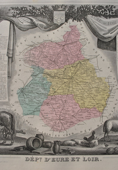 Victor LEVASSEUR : France, Carte ancienne d'Eure et Loir, Gravure originale (photo de détail 6) - Crédit photo : Galerie Art.Paris