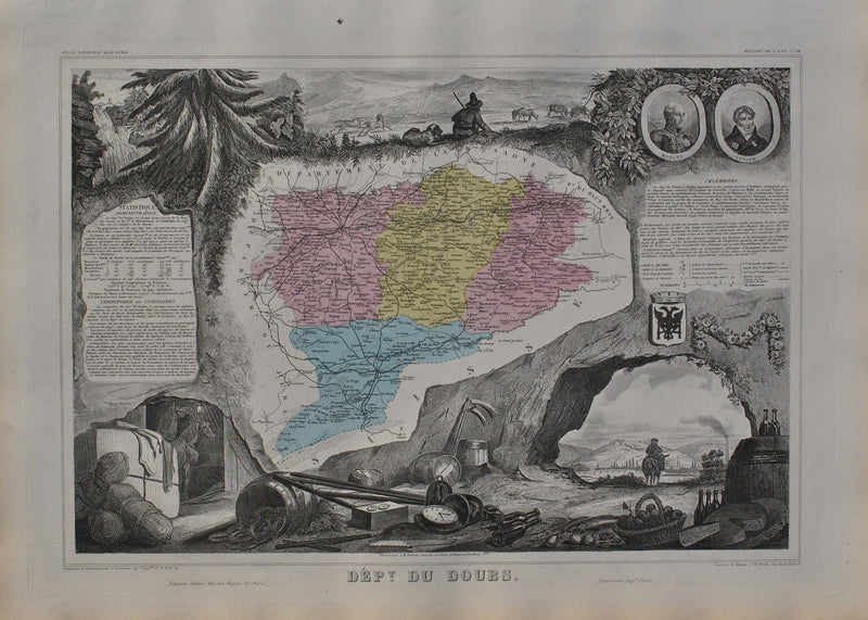 Victor LEVASSEUR : France, Carte ancienne du Doubs, Gravure originale (vue générale) - Crédit photo : Galerie Art.Paris