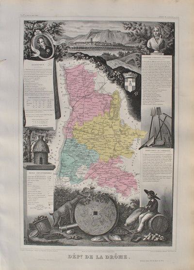 Victor LEVASSEUR : France, Carte ancienne de la Drôme, Gravure originale (vue générale) - Crédit photo : Galerie Art.Paris