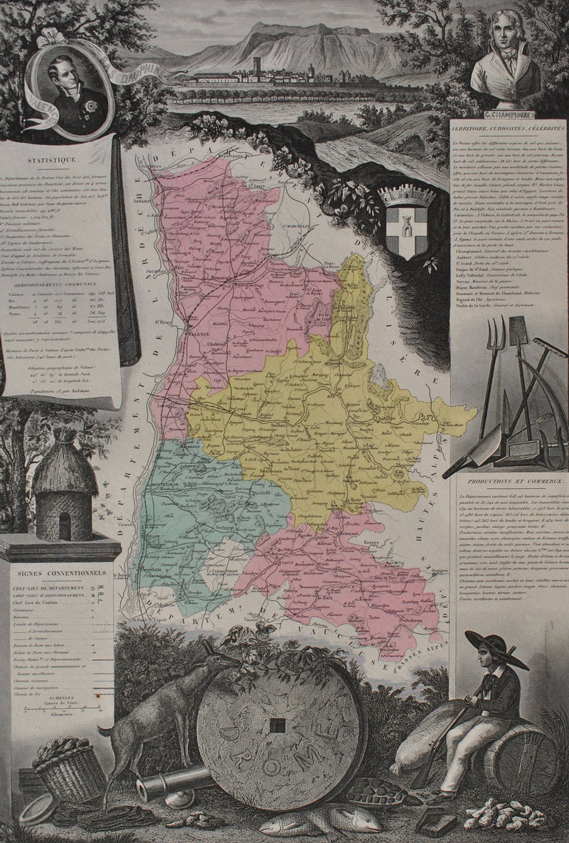 Victor LEVASSEUR : France, Carte ancienne de la Drôme, Gravure originale (photo de détail 2) - Crédit photo : Galerie Art.Paris