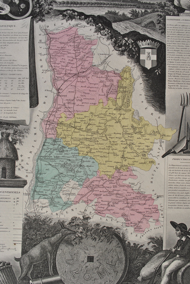 Victor LEVASSEUR : France, Carte ancienne de la Drôme, Gravure originale (photo de détail 4) - Crédit photo : Galerie Art.Paris