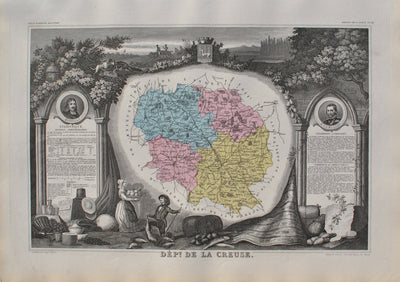 Victor LEVASSEUR : France, Carte ancienne de la Creuse, Gravure originale (vue générale) - Crédit photo : Galerie Art.Paris