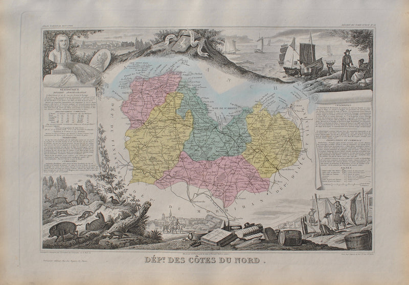 Victor LEVASSEUR : France, Carte ancienne des Côtes du Nord, Gravure originale (vue générale) - Crédit photo : Galerie Art.Paris