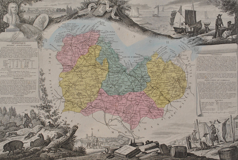 Victor LEVASSEUR : France, Carte ancienne des Côtes du Nord, Gravure originale (photo de détail 2) - Crédit photo : Galerie Art.Paris