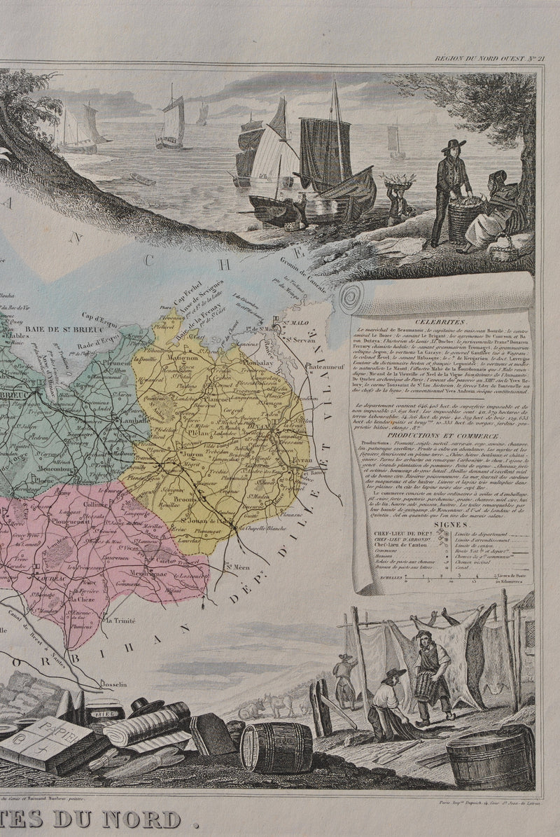 Victor LEVASSEUR : France, Carte ancienne des Côtes du Nord, Gravure originale (photo de détail 5) - Crédit photo : Galerie Art.Paris