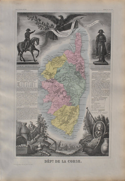 Victor LEVASSEUR : France, Carte ancienne de la Corse, Gravure originale (vue générale) - Crédit photo : Galerie Art.Paris