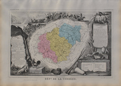 Victor LEVASSEUR : France, Carte ancienne de la Corrèze, Gravure originale (vue générale) - Crédit photo : Galerie Art.Paris