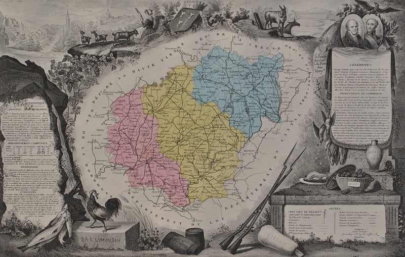 Victor LEVASSEUR : France, Carte ancienne de la Corrèze, Gravure originale (photo de détail 2) - Crédit photo : Galerie Art.Paris